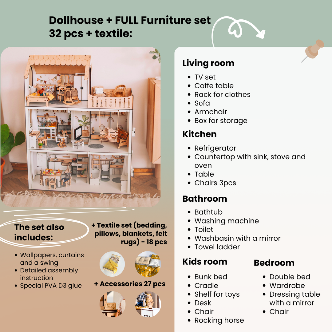 Wooden dollhouse Lux Light scale 1:6 NestWood Scandi