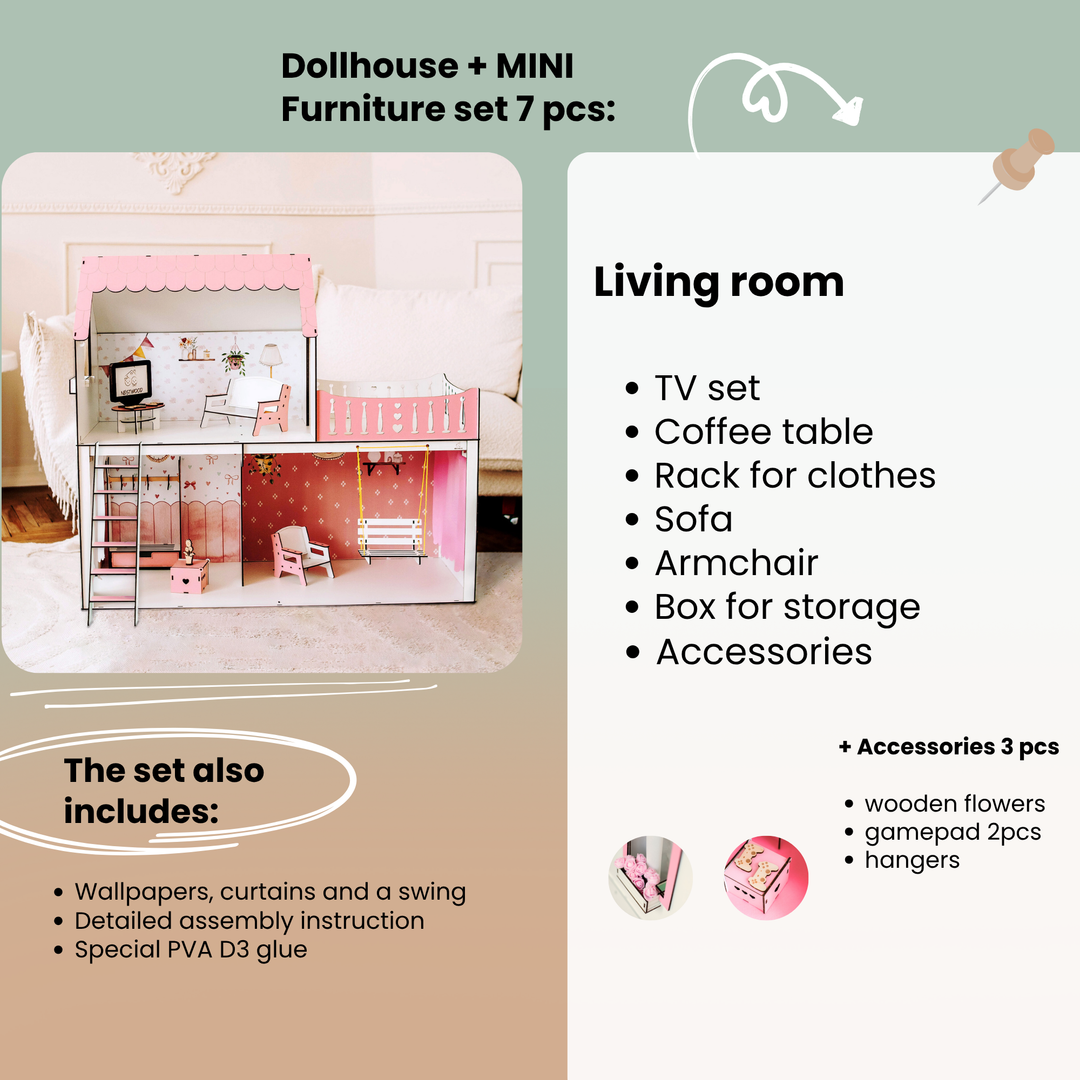 Puppenhaus Dream aus Holz im Maßstab 1:6 NestWood rosa