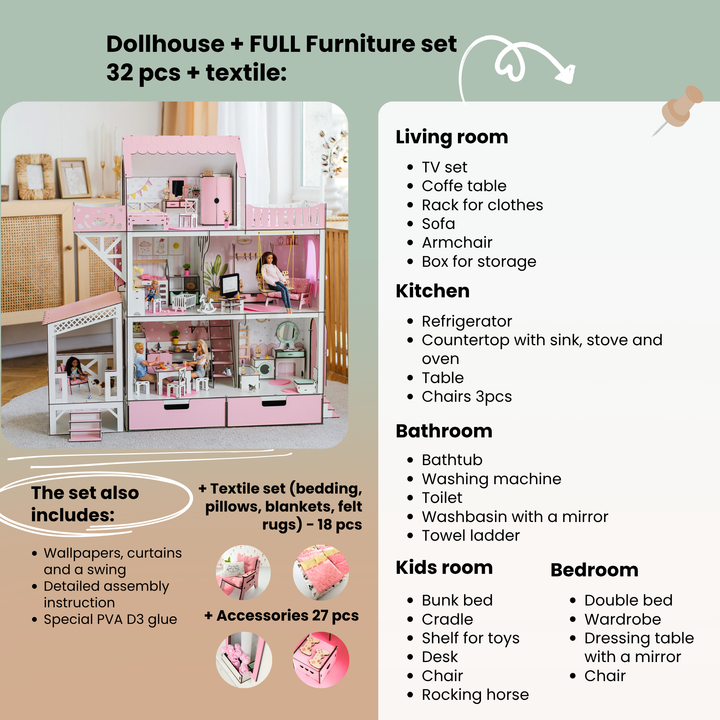 Puppenhaus Lux aus Holz mit Organizer, Balkon und Terrasse Maßstab 1:6 NestWood rosa