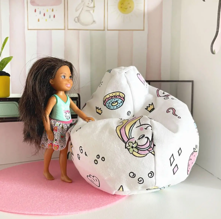 Stoffpouf Sitzsack weiß Einhörner Nestwood für Puppen