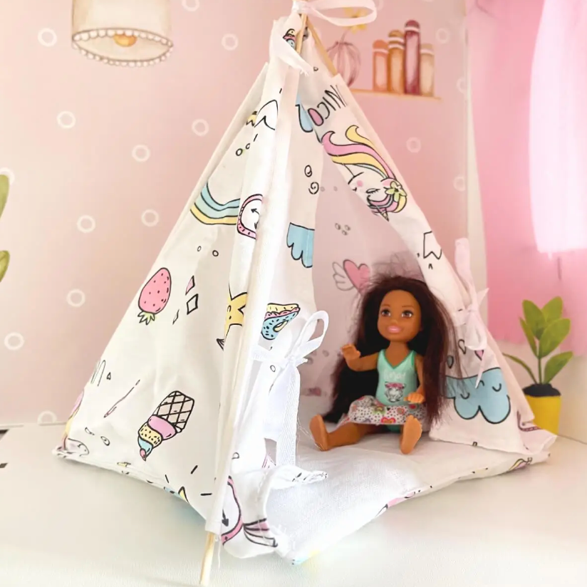 Mini Wigwam Weiße Einhörner NestHolz für Puppen