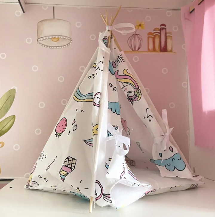 Mini Wigwam Weiße Einhörner NestHolz für Puppen