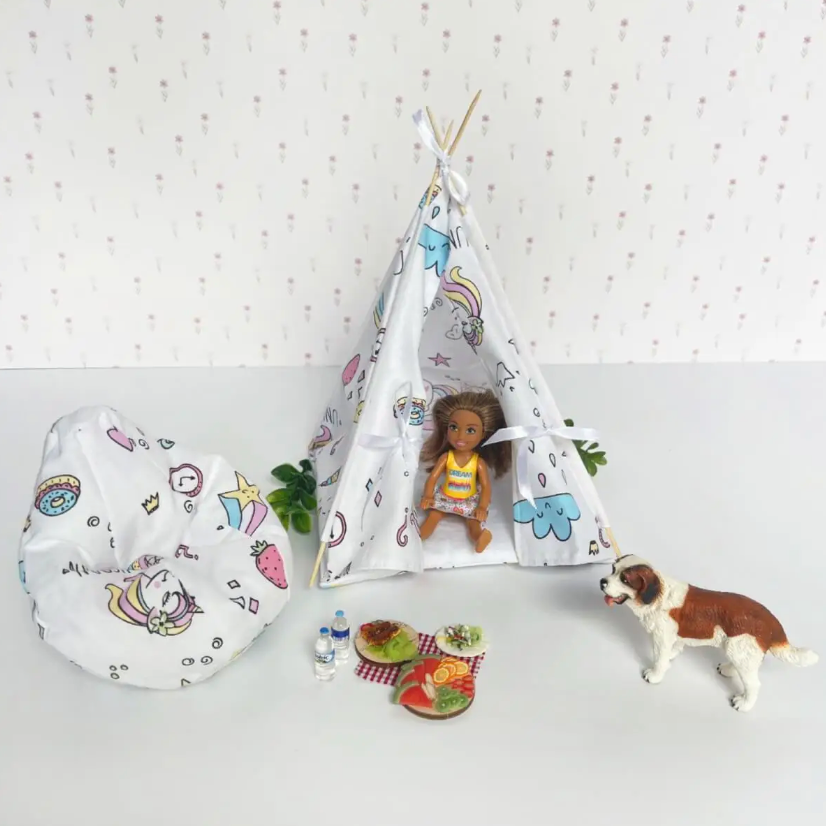 Mini Wigwam Weiße Einhörner NestHolz für Puppen