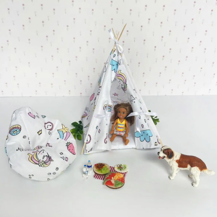 Mini Wigwam Weiße Einhörner NestHolz für Puppen