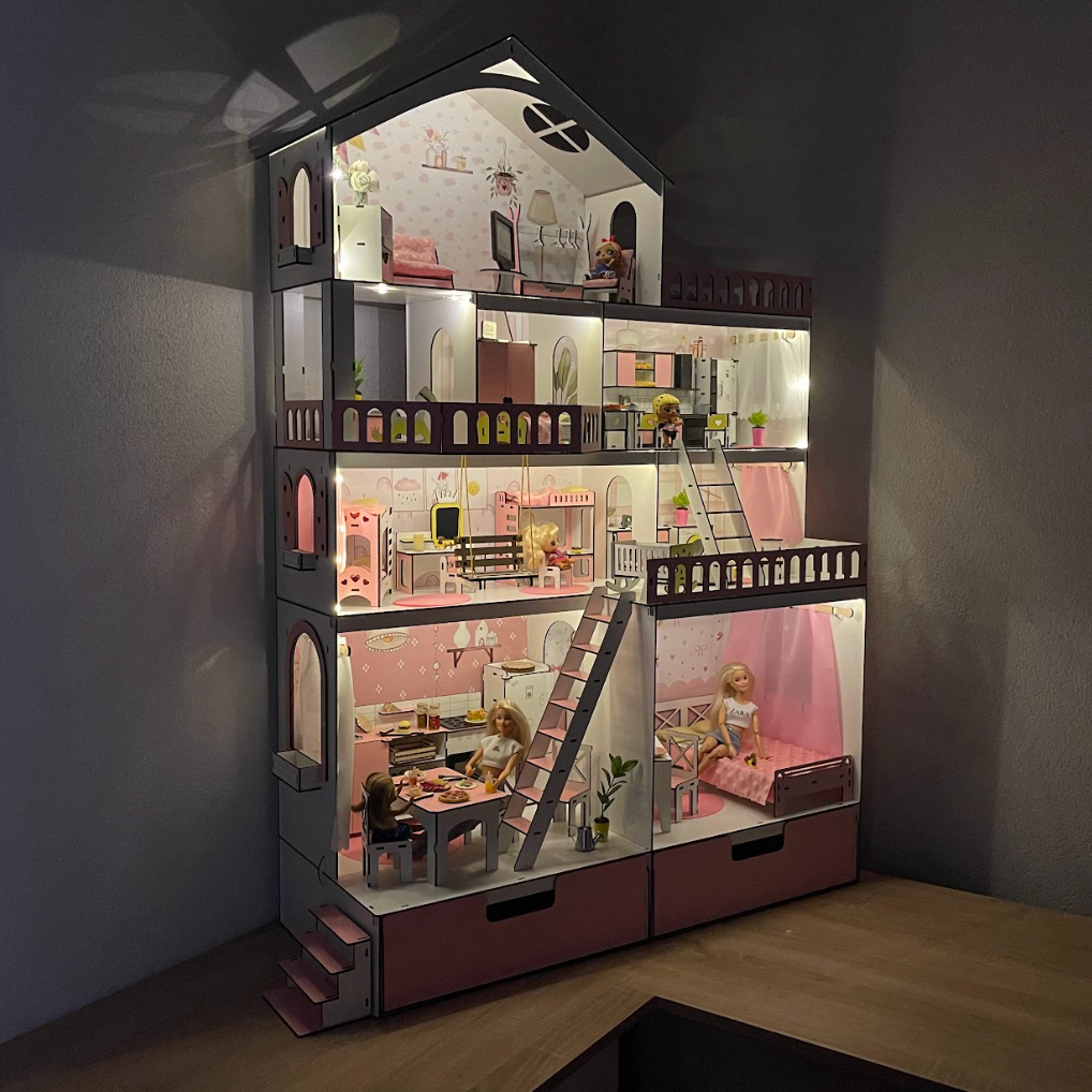 Wooden dollhouse Mansion scale 1:6 NestWood pink