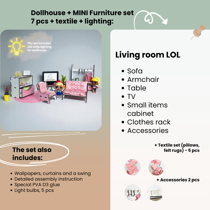 Puppenhaus aus Holz Smart House mit Aufzug Maßstab 1:12 NestWood Pink