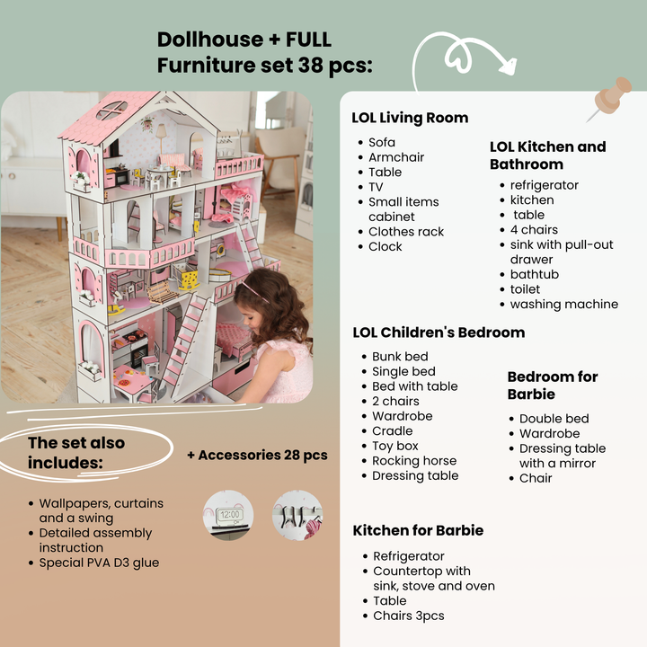 Wooden dollhouse Mansion scale 1:6 NestWood pink