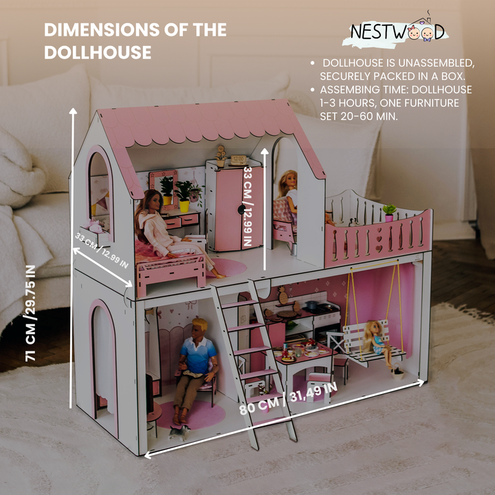 Puppenhaus Dream aus Holz im Maßstab 1:6 NestWood rosa