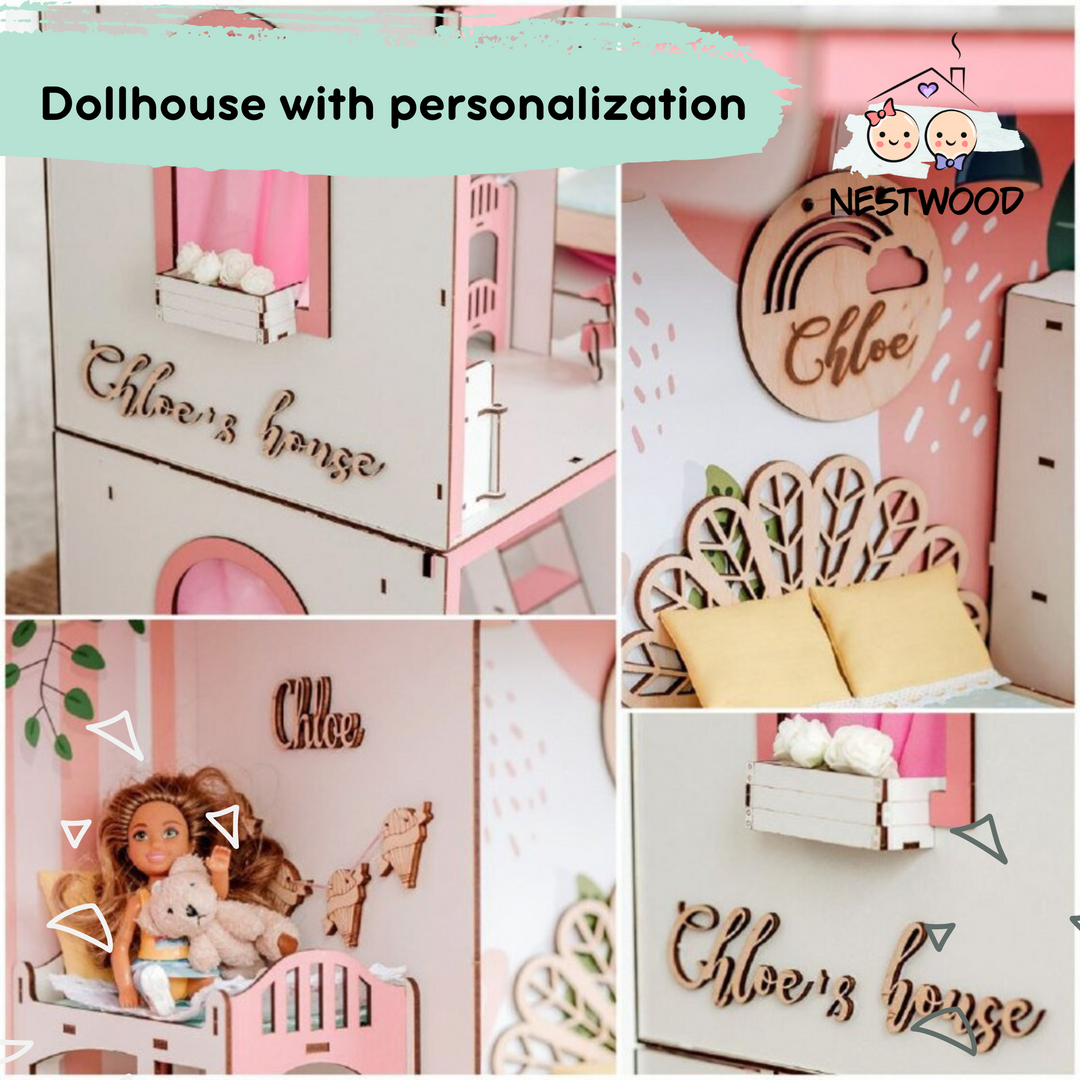 Puppenhaus aus Holz Smart House mit Aufzug Maßstab 1:12 NestWood Pink