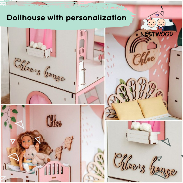 Puppenhaus aus Holz Smart House mit Aufzug Maßstab 1:12 NestWood Pink