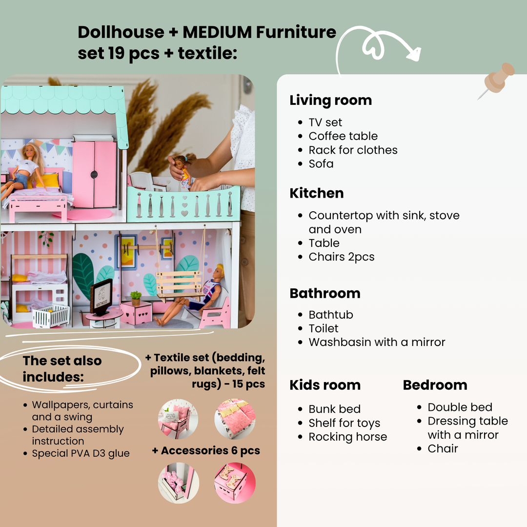 Puppenhaus Lux Light aus Holz im Maßstab 1:6 NestWood mint