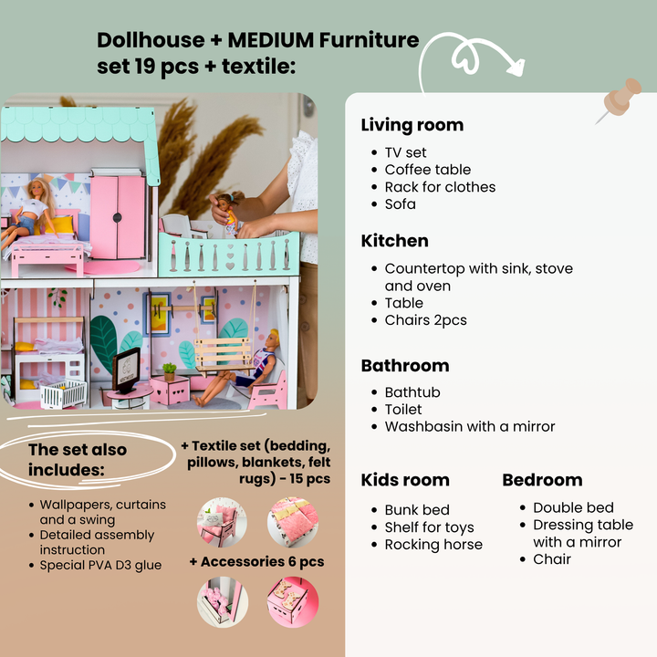 Puppenhaus Lux Light aus Holz im Maßstab 1:6 NestWood mint