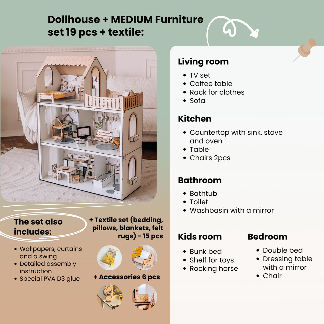 Wooden dollhouse Lux Light scale 1:6 NestWood Scandi