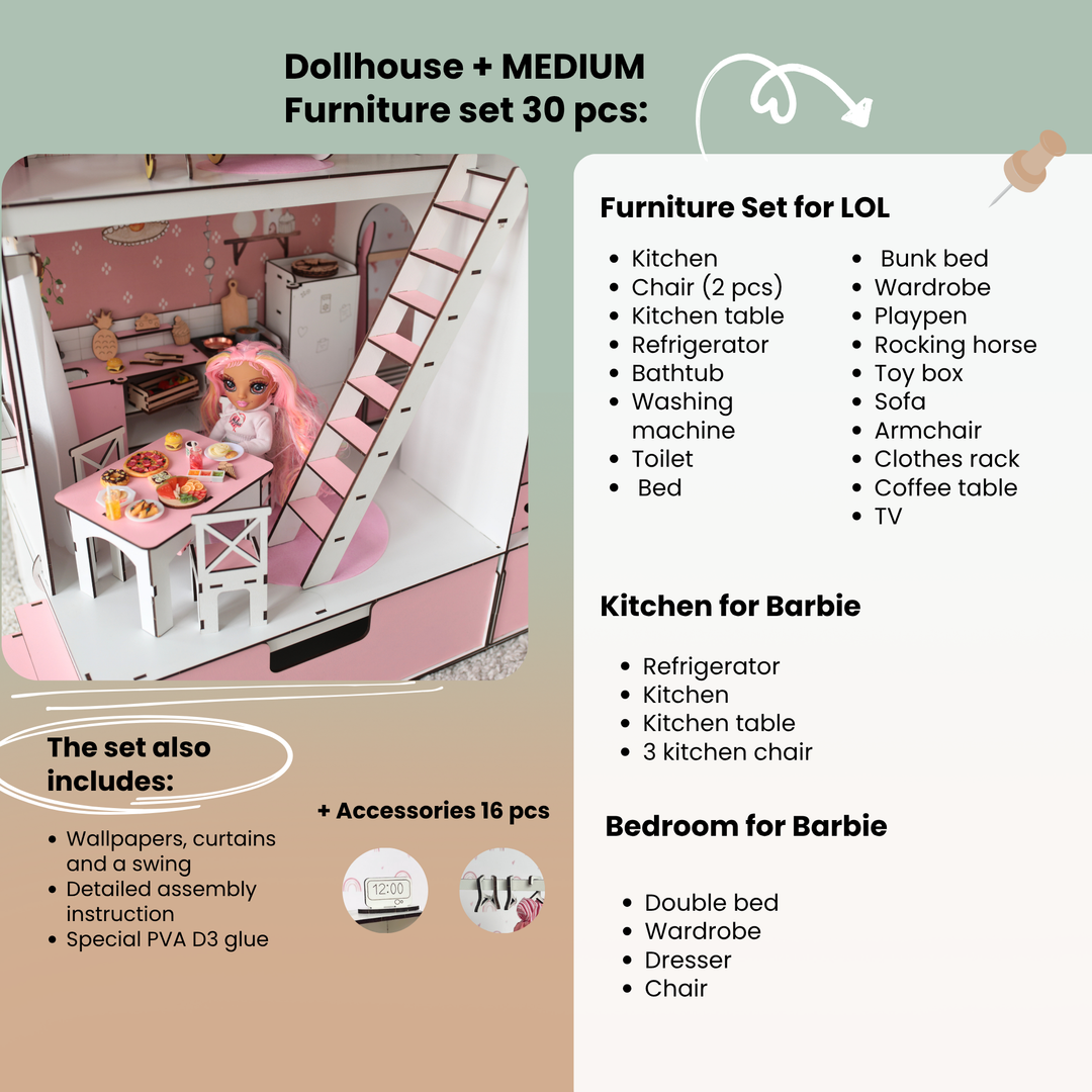 Wooden dollhouse Mansion scale 1:6 NestWood pink