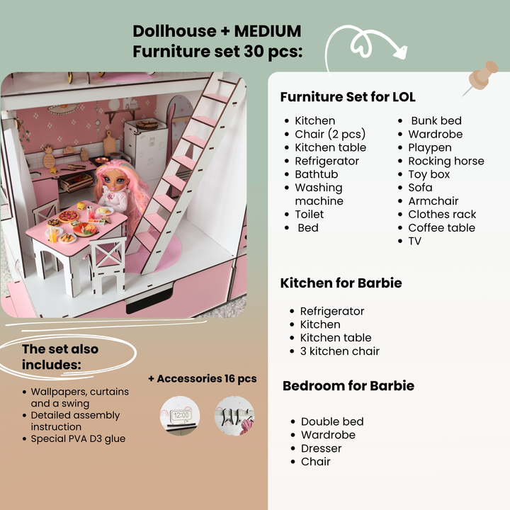 Wooden dollhouse Mansion scale 1:6 NestWood pink