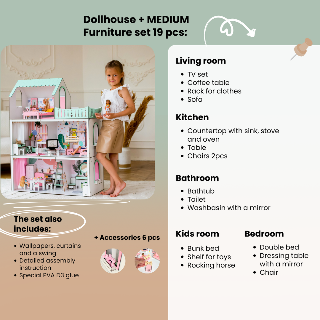 Puppenhaus Lux Light aus Holz im Maßstab 1:6 NestWood mint
