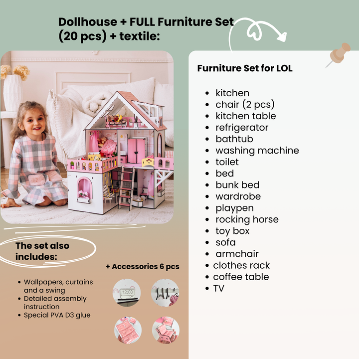 Puppenhaus aus Holz, Mini-Häuschen, Maßstab 1:12, NestWood Pink