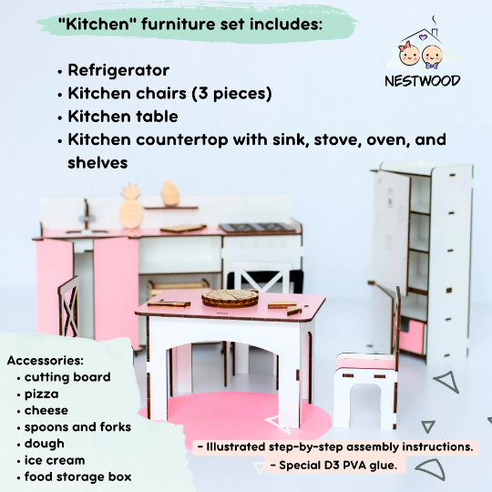 Puppenmöbel aus Holz Küche im Maßstab 1:6 NestWood Pink