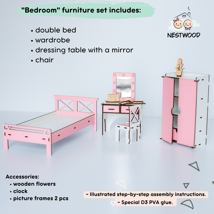Puppenmöbel aus Holz Schlafzimmer Maßstab 1:6 NestWood Pink
