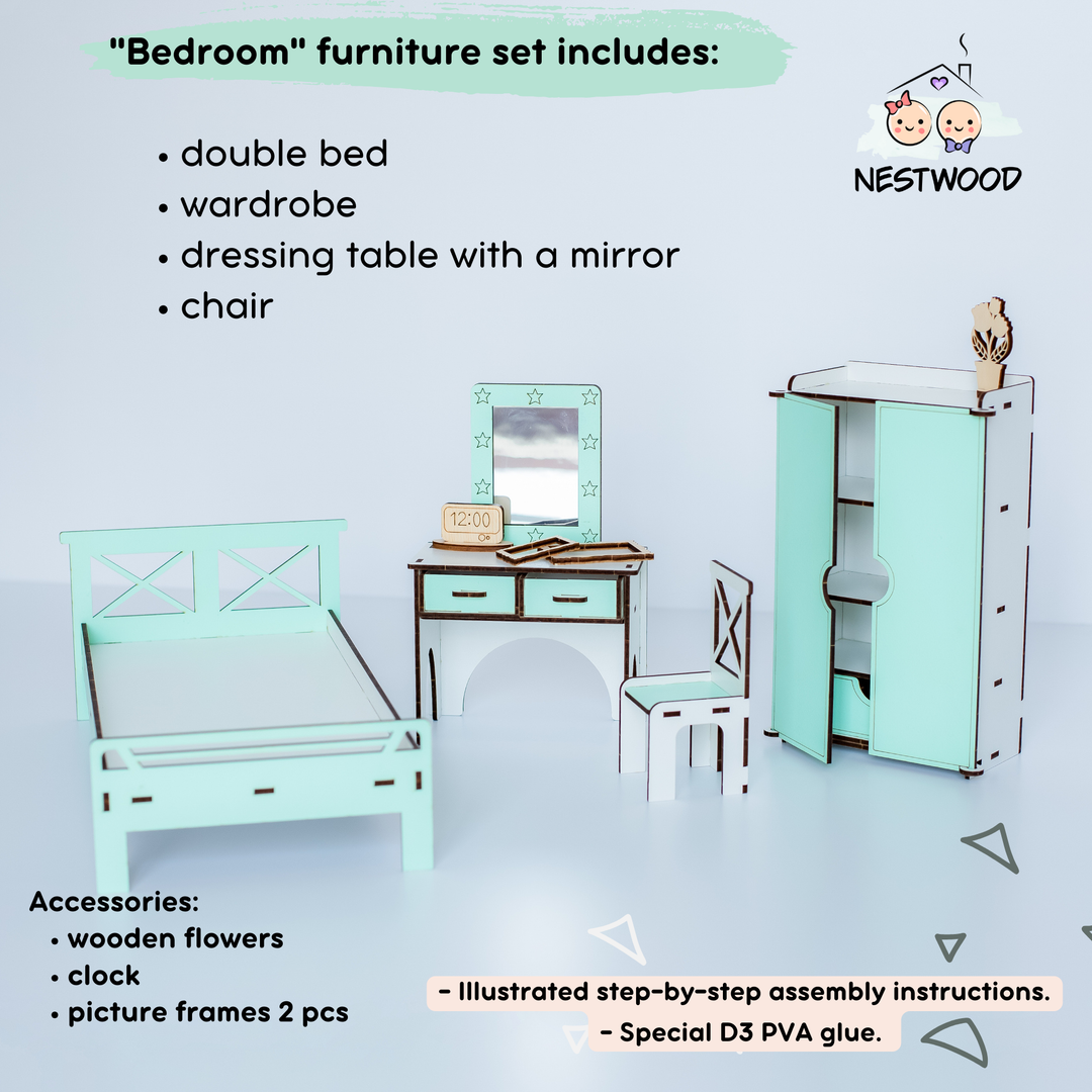 Puppenmöbel aus Holz Schlafzimmer Maßstab 1:6 NestWood Mint