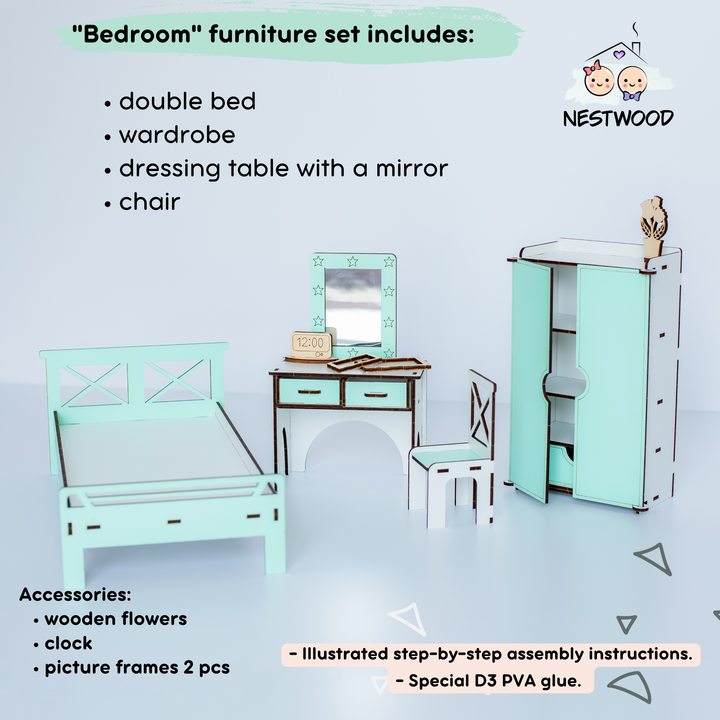 Puppenmöbel aus Holz Schlafzimmer Maßstab 1:6 NestWood Mint