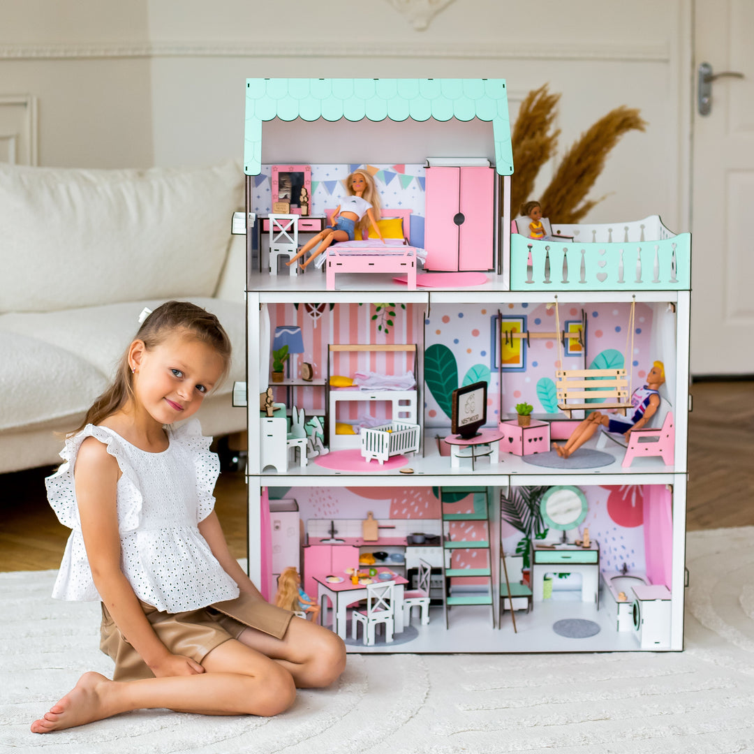 Puppenhaus Lux Light aus Holz im Maßstab 1:6 NestWood mint