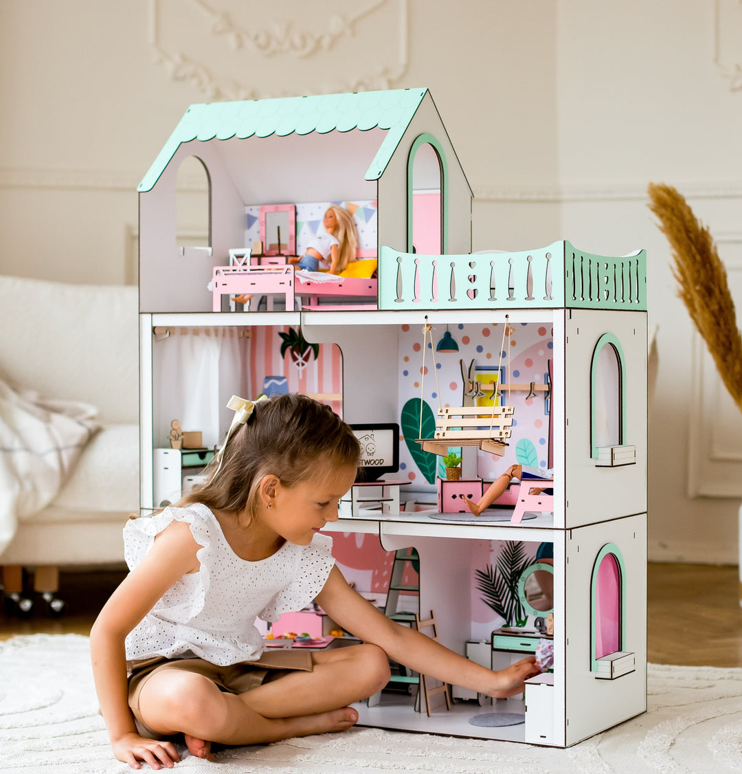 Puppenhaus Lux Light aus Holz im Maßstab 1:6 NestWood mint