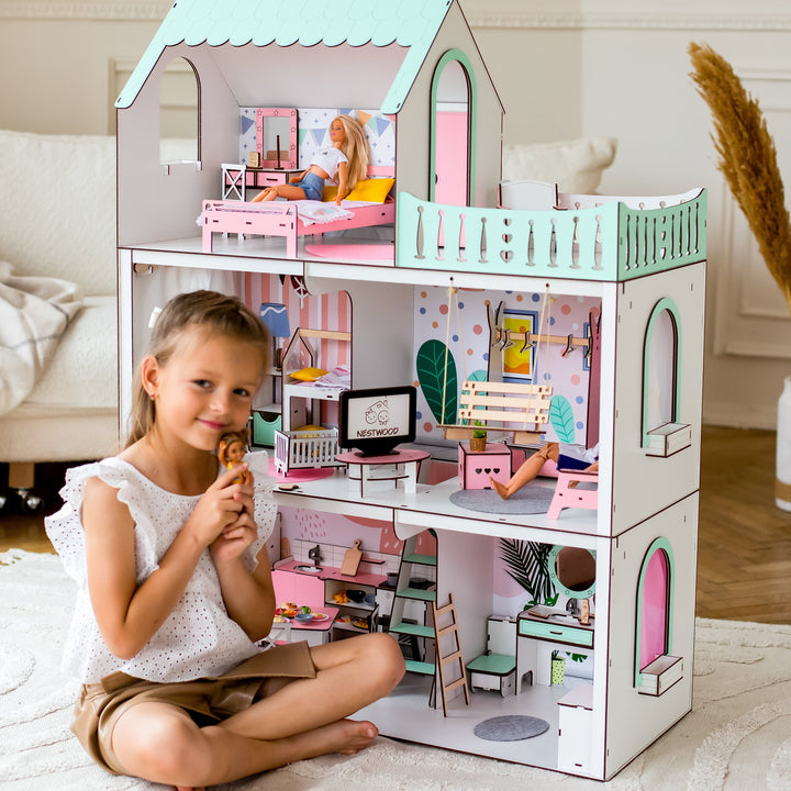 Puppenhaus Lux Light aus Holz im Maßstab 1:6 NestWood mint
