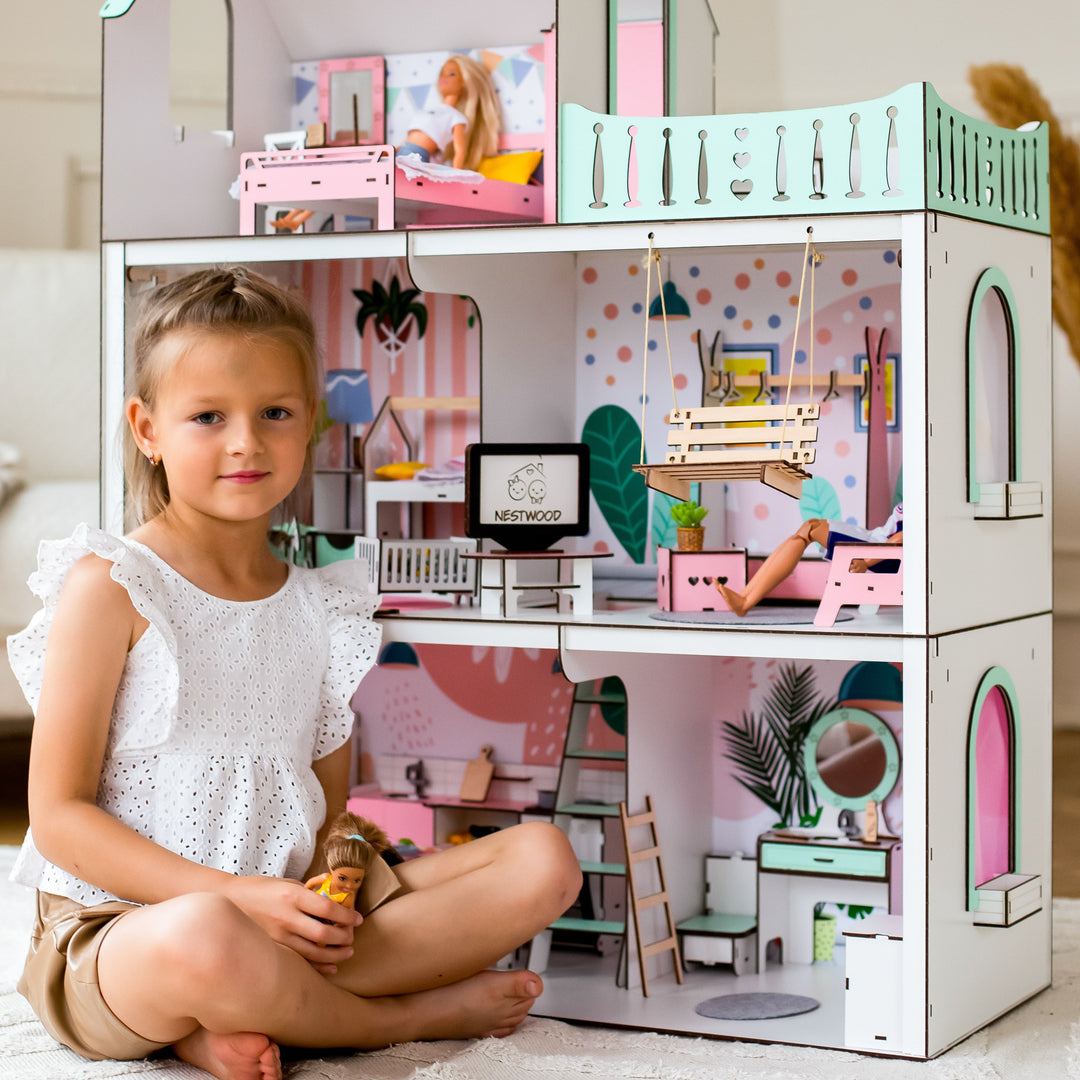 Puppenhaus Lux Light aus Holz im Maßstab 1:6 NestWood mint