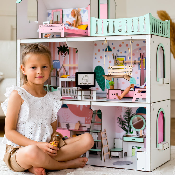 Puppenhaus Lux Light aus Holz im Maßstab 1:6 NestWood mint