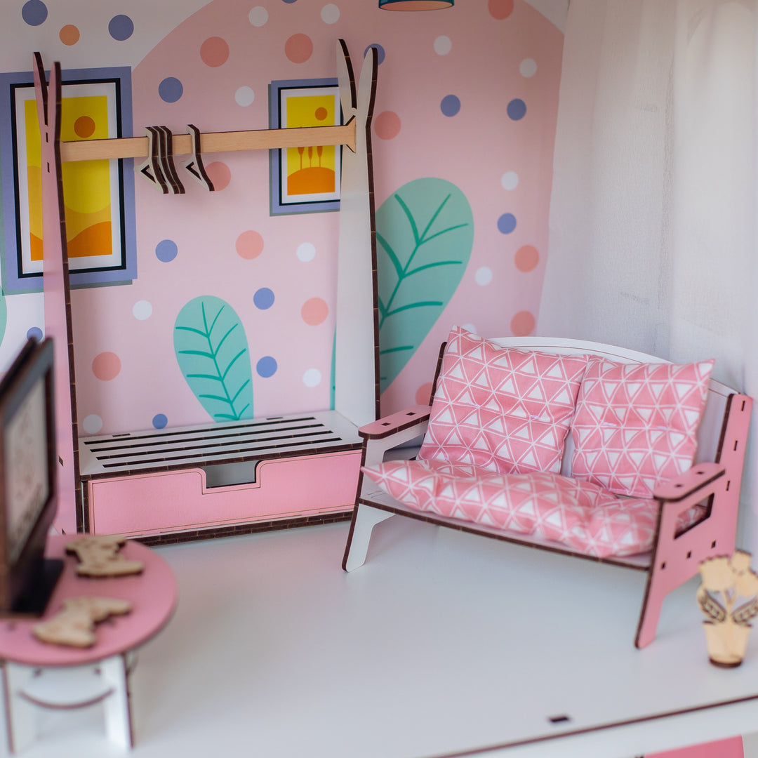 Puppenmöbel aus Holz Wohnzimmer Maßstab 1:6 NestWood Pink