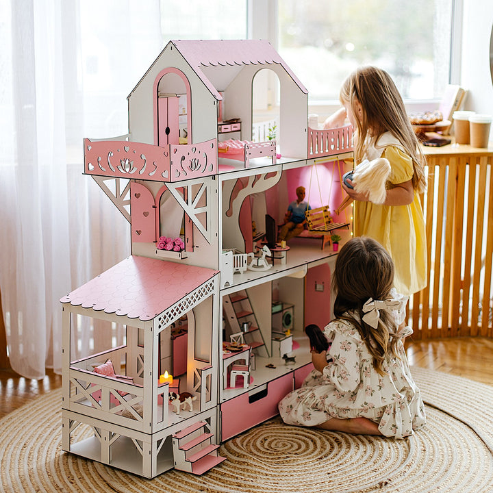 Puppenhaus Lux aus Holz mit Organizer, Balkon und Terrasse Maßstab 1:6 NestWood rosa