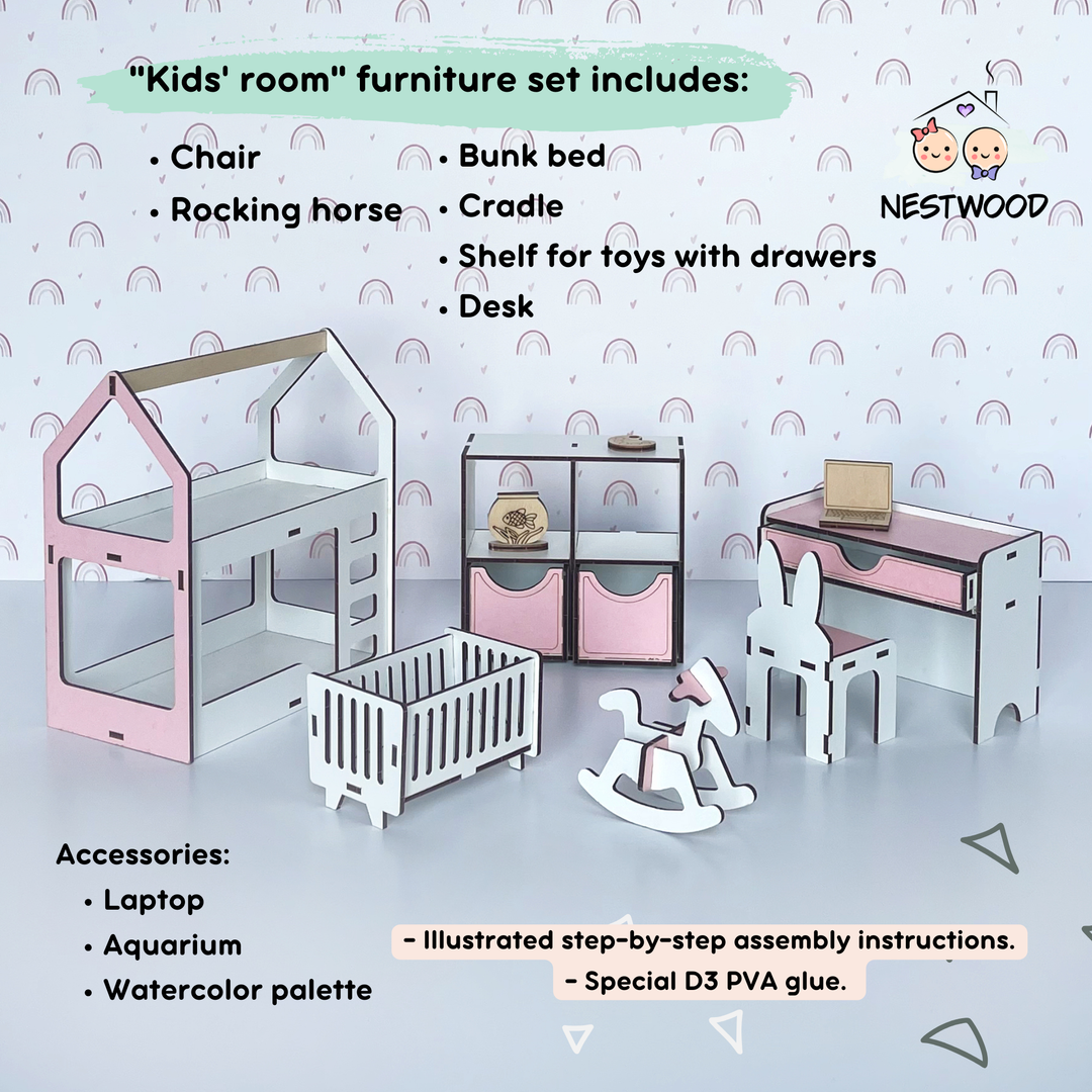 Puppenmöbel aus Holz Kinderzimmer Maßstab 1:6 NestWood Pink