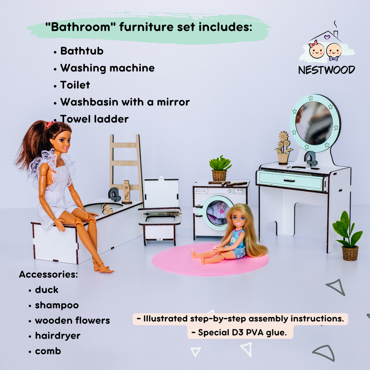 Puppenmöbel aus Holz Badezimmer Maßstab 1:6 NestWood Mint