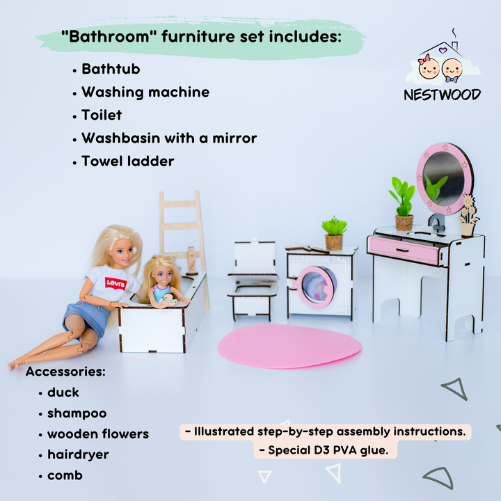 Puppenmöbel aus Holz Badezimmer Maßstab 1:6 NestWood Pink