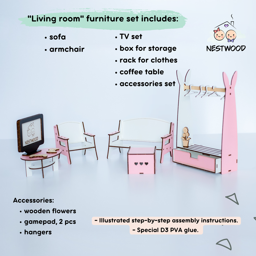 Puppenmöbel aus Holz Wohnzimmer Maßstab 1:6 NestWood Pink