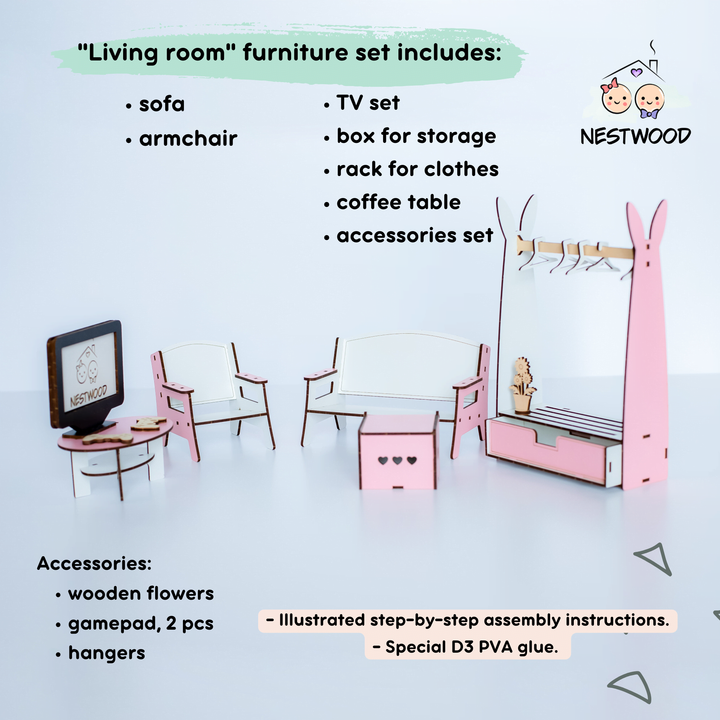 Puppenmöbel aus Holz Wohnzimmer Maßstab 1:6 NestWood Pink