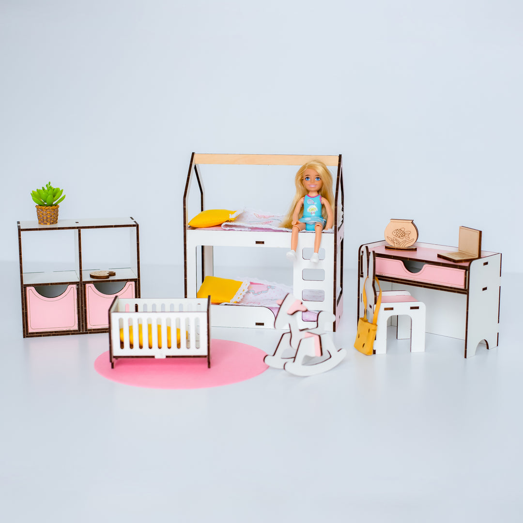 Puppenmöbel aus Holz Kinderzimmer Maßstab 1:6 NestWood Pink