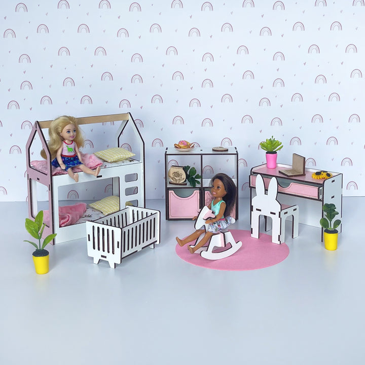 Puppenmöbel aus Holz Kinderzimmer Maßstab 1:6 NestWood Pink
