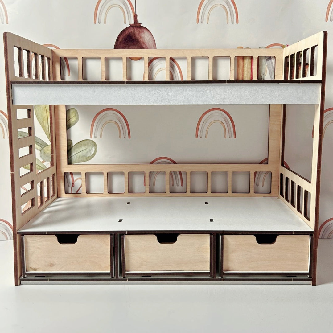 Puppen-Etagenbett aus Holz mit Schubladen Maßstab 1:6 NestWood Eco