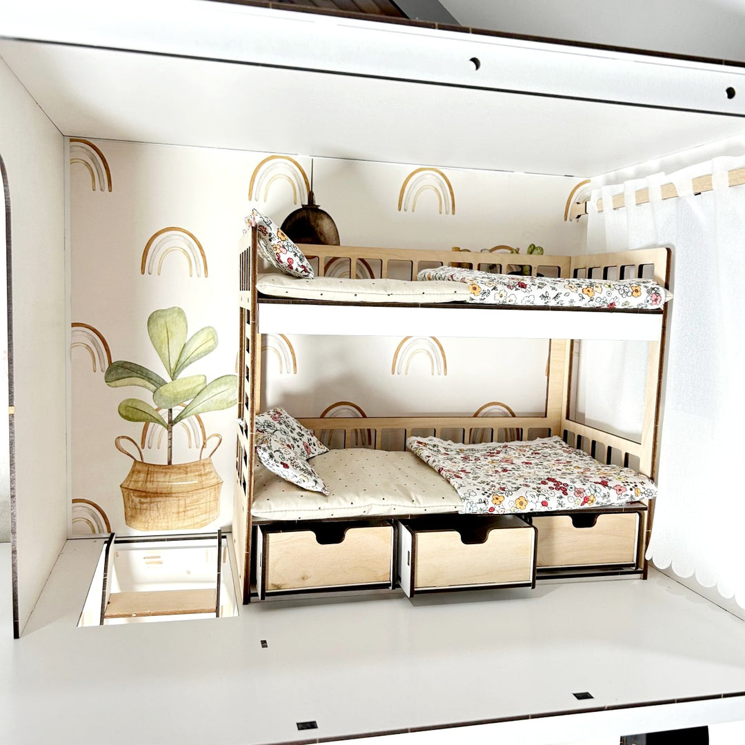 Puppen-Etagenbett aus Holz mit Schubladen Maßstab 1:6 NestWood Eco