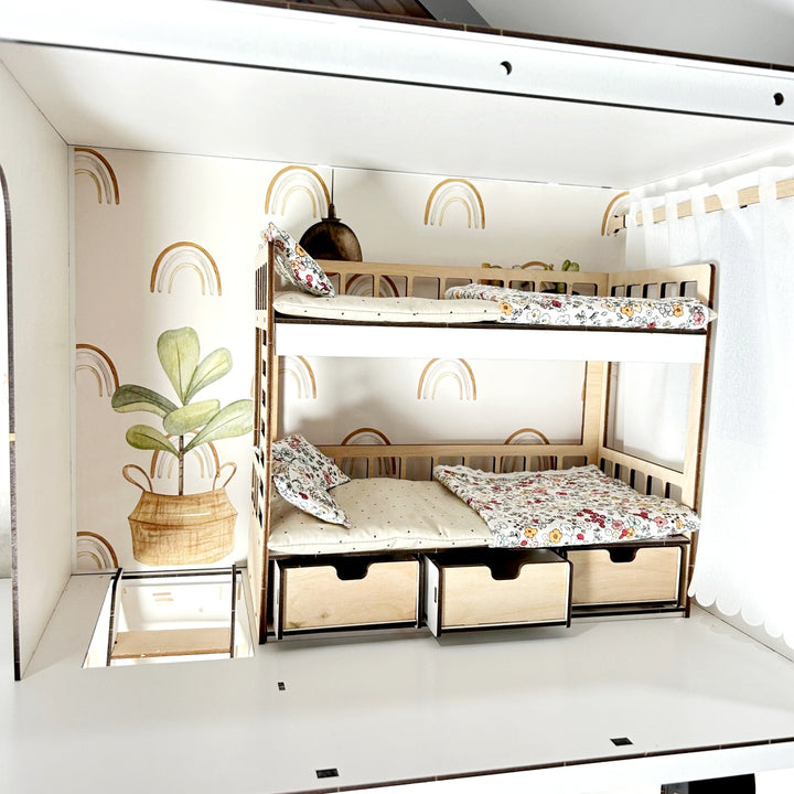 Puppen-Etagenbett aus Holz mit Schubladen Maßstab 1:6 NestWood Eco