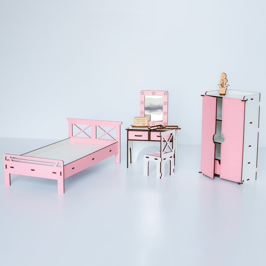 Puppenmöbel aus Holz Schlafzimmer Maßstab 1:6 NestWood Pink