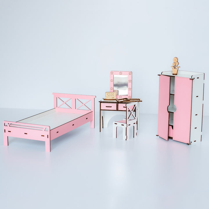 Puppenmöbel aus Holz Schlafzimmer Maßstab 1:6 NestWood Pink