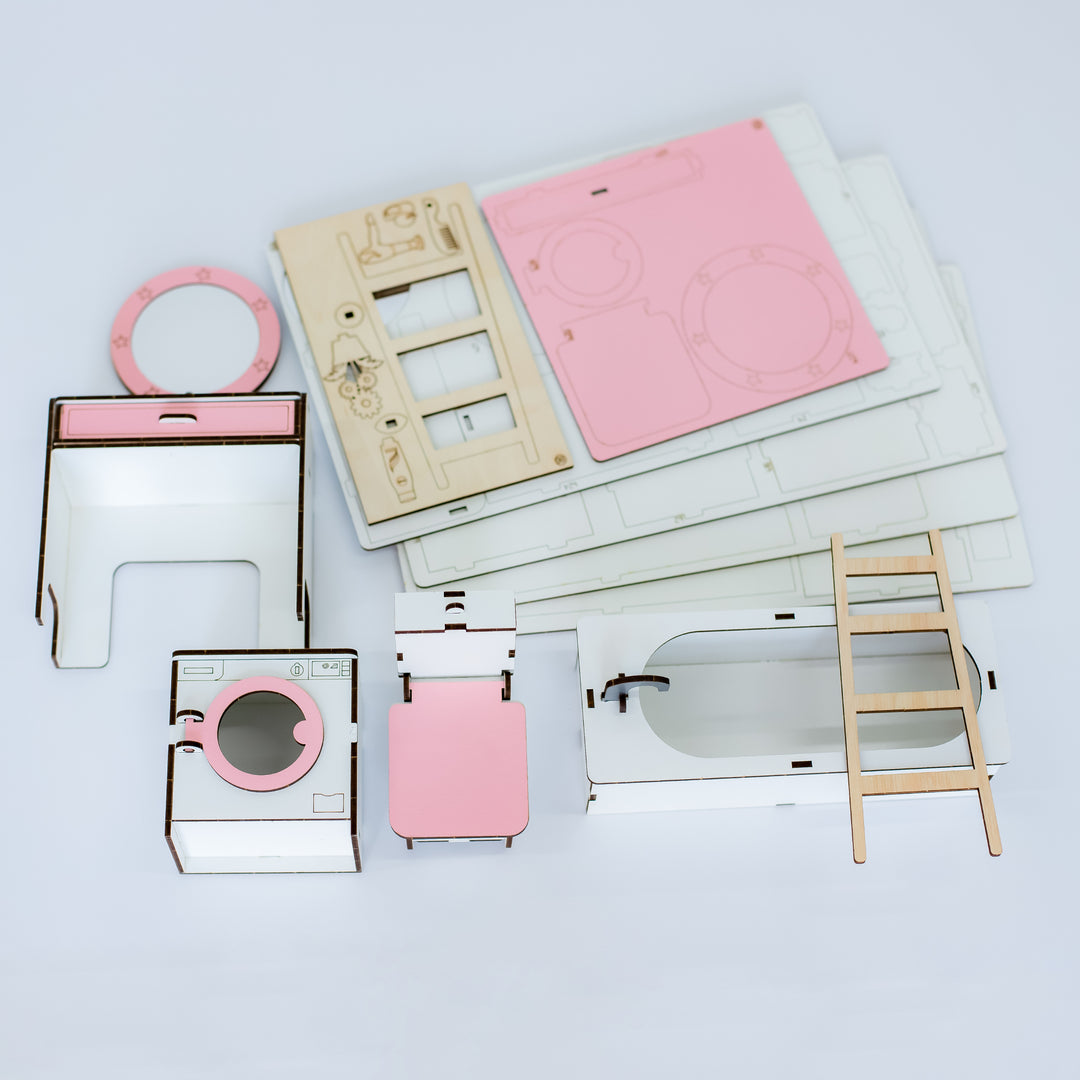 Puppenmöbel aus Holz Badezimmer Maßstab 1:6 NestWood Pink