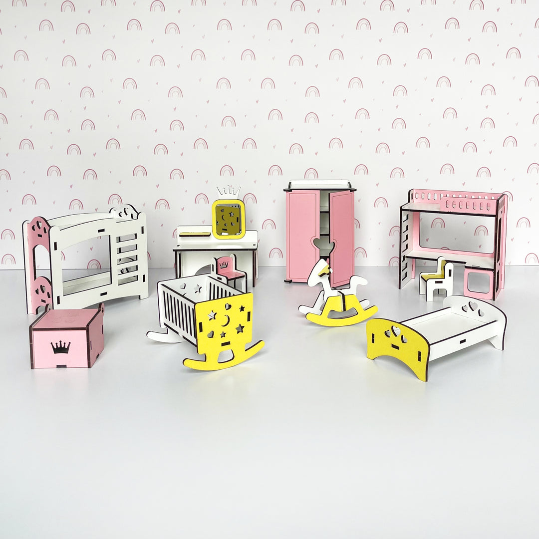 Kinderzimmermöbel-Set aus Holz im Maßstab 1:12 NestWood Pink