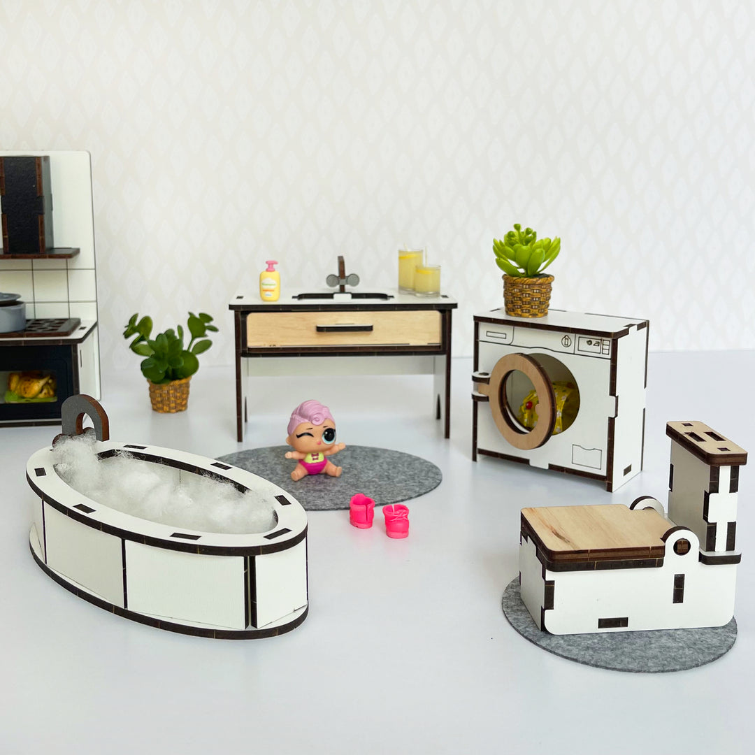 Küchen- und Badezimmermöbelset aus Holz im Maßstab 1:12 NestWood Eco
