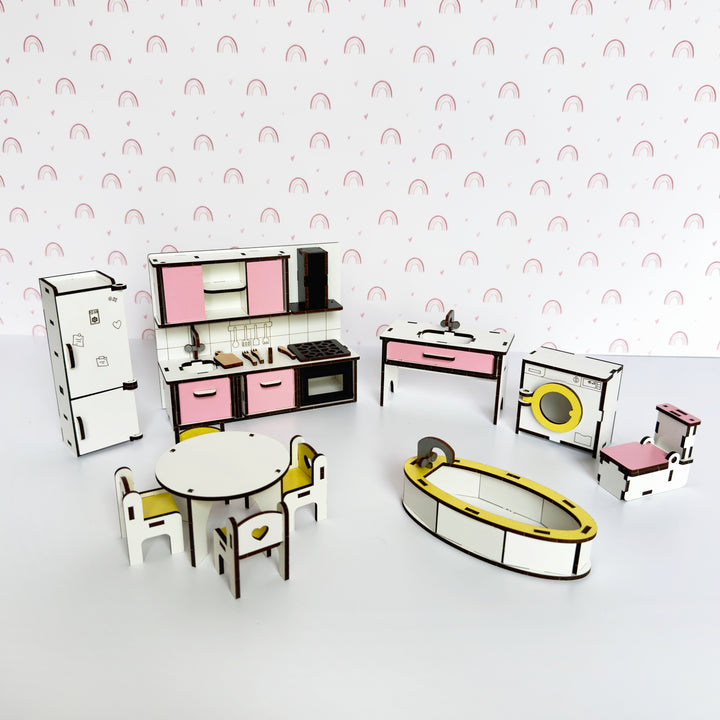 Küchen- und Badezimmermöbelset aus Holz im Maßstab 1:12 NestWood Pink