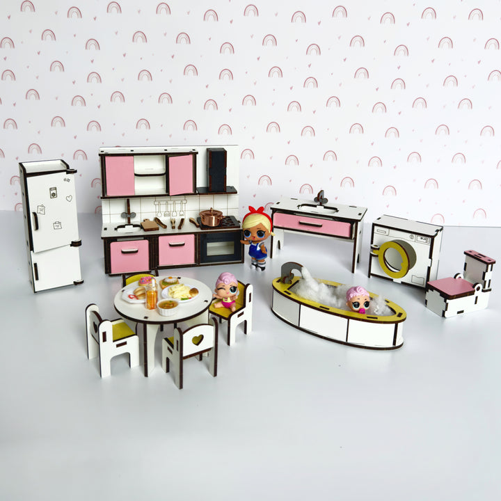 Küchen- und Badezimmermöbelset aus Holz im Maßstab 1:12 NestWood Pink