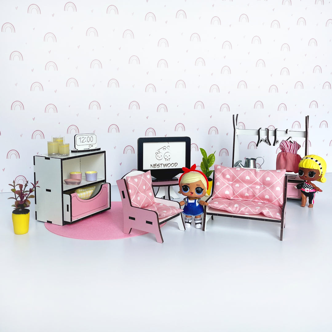 Wohnzimmermöbel-Set aus Holz im Maßstab 1:12 NestWood Pink